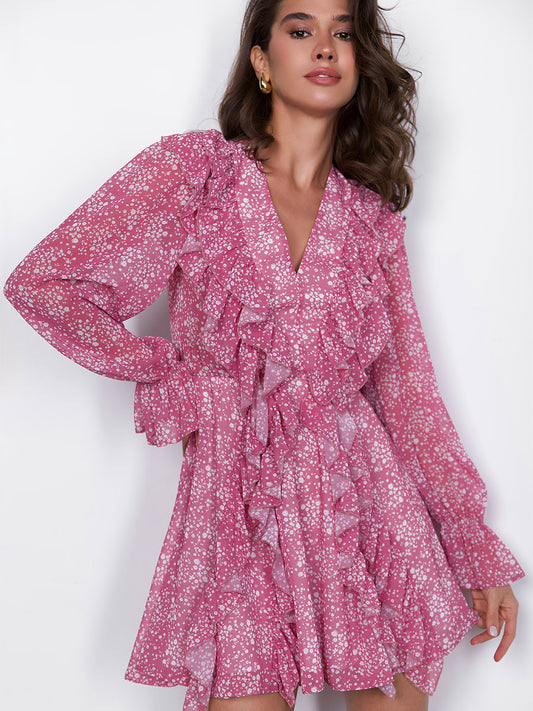 Mini Dress with Frills and a V-Neck