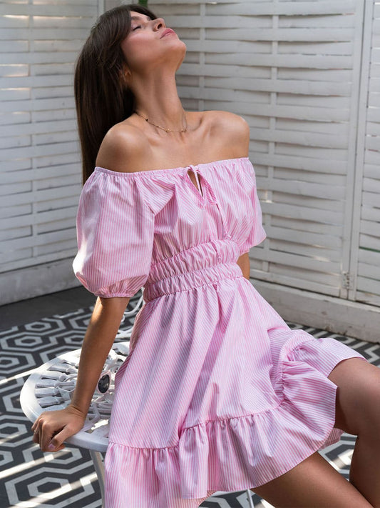 Open Shoulders Mini Dress with Pink Stripe