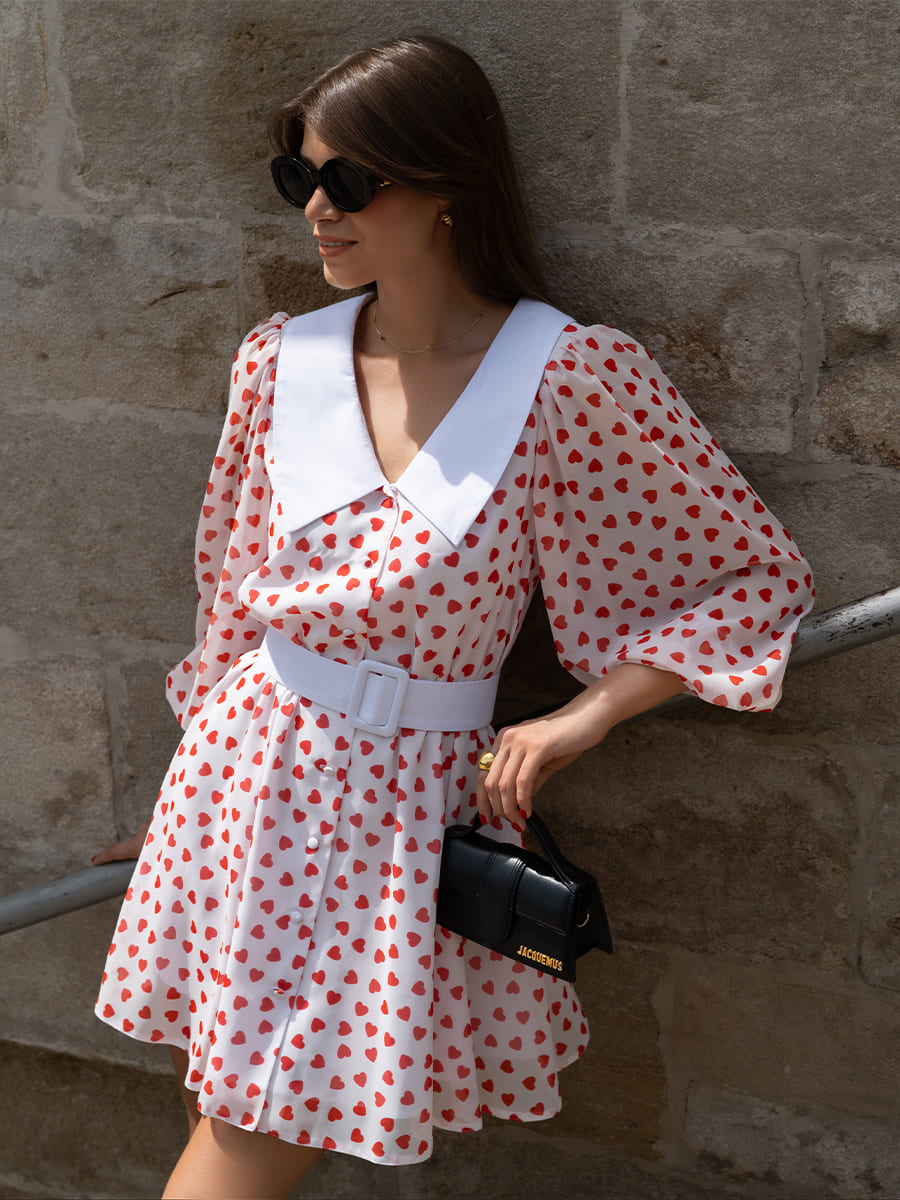 Heart-Shaped Mini Dress with a Turn-Down Collar