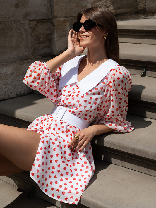 Heart-Shaped Mini Dress with a Turn-Down Collar