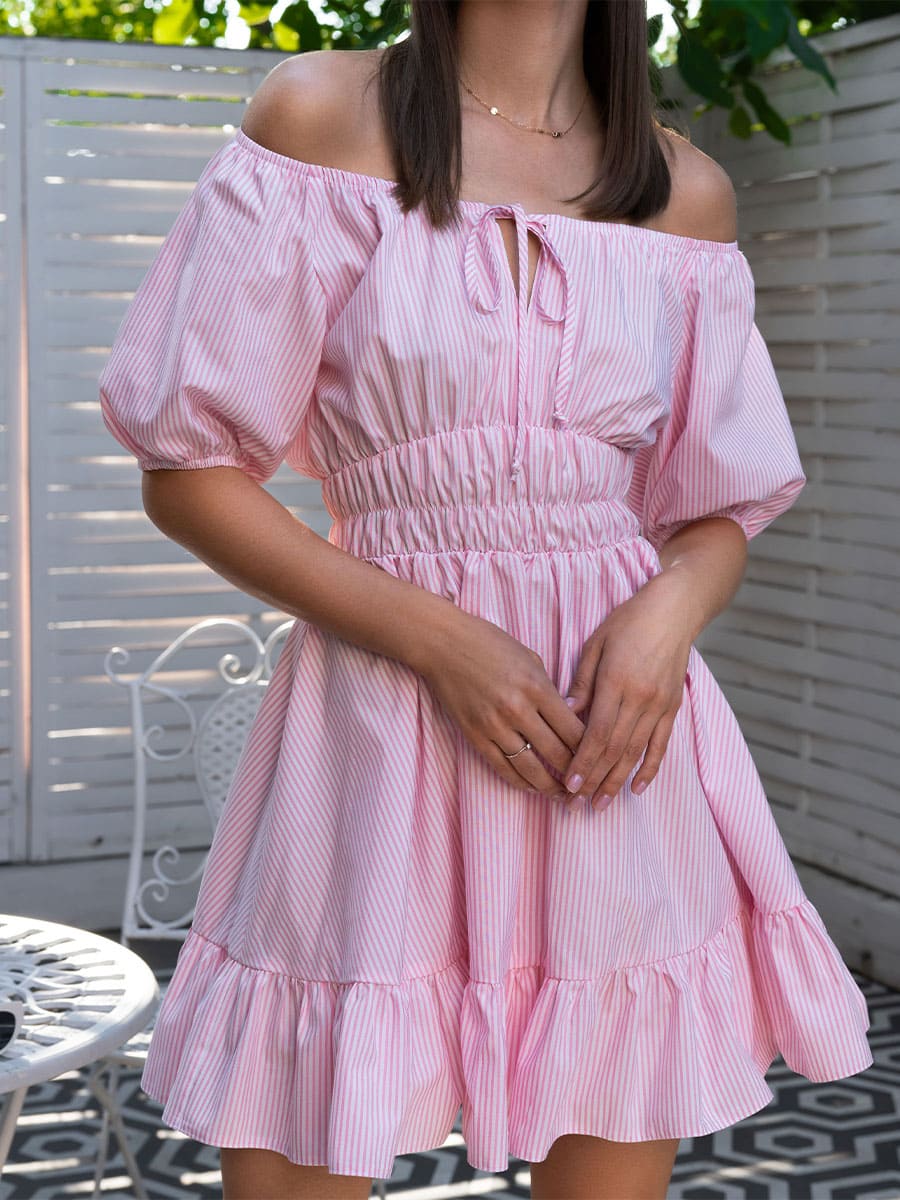 Open Shoulders Mini Dress with Pink Stripe