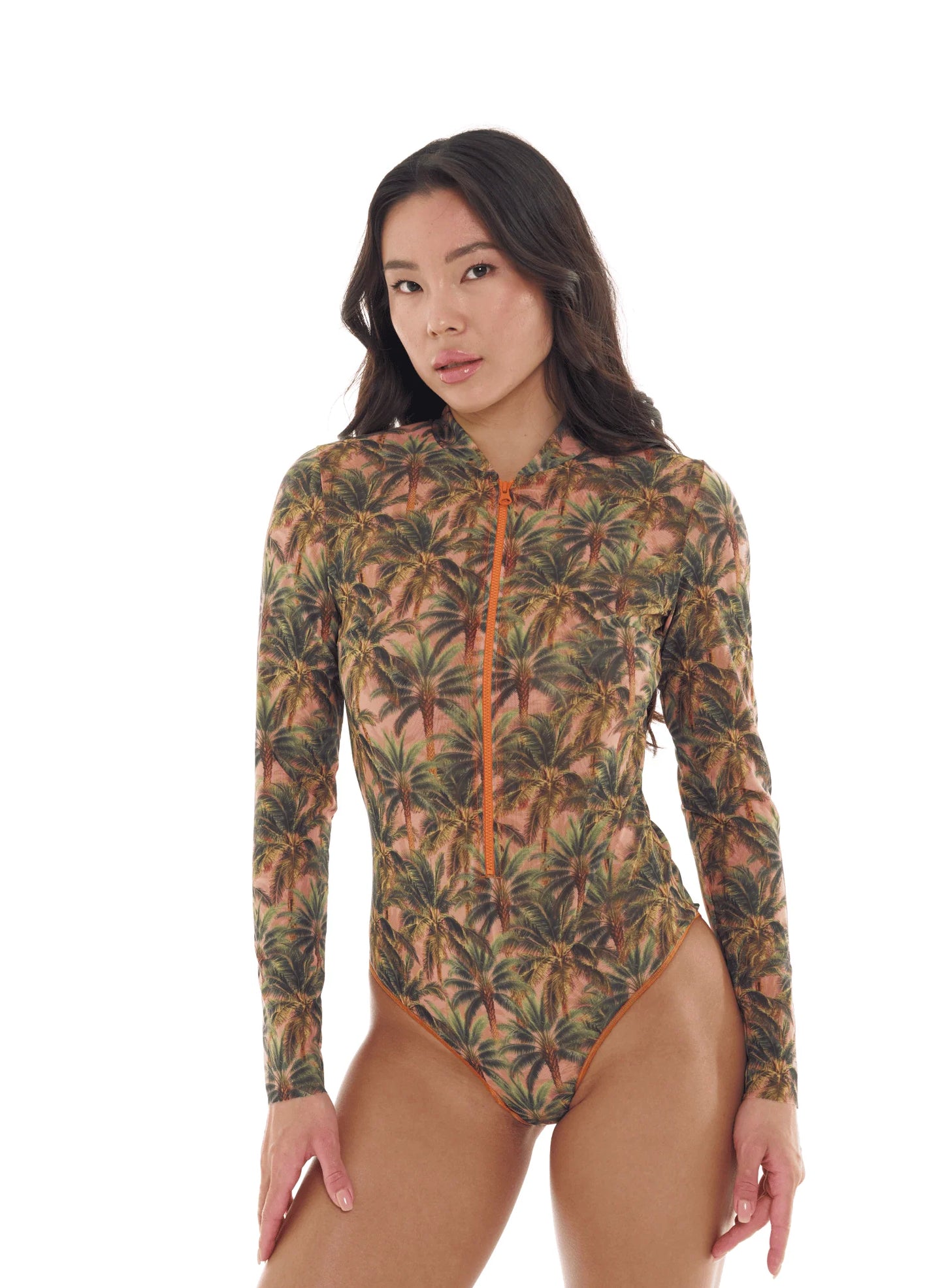 TAN THROUGH SWIMSUIT ONE-PIECE WITH ZIPPER SLEEVES
