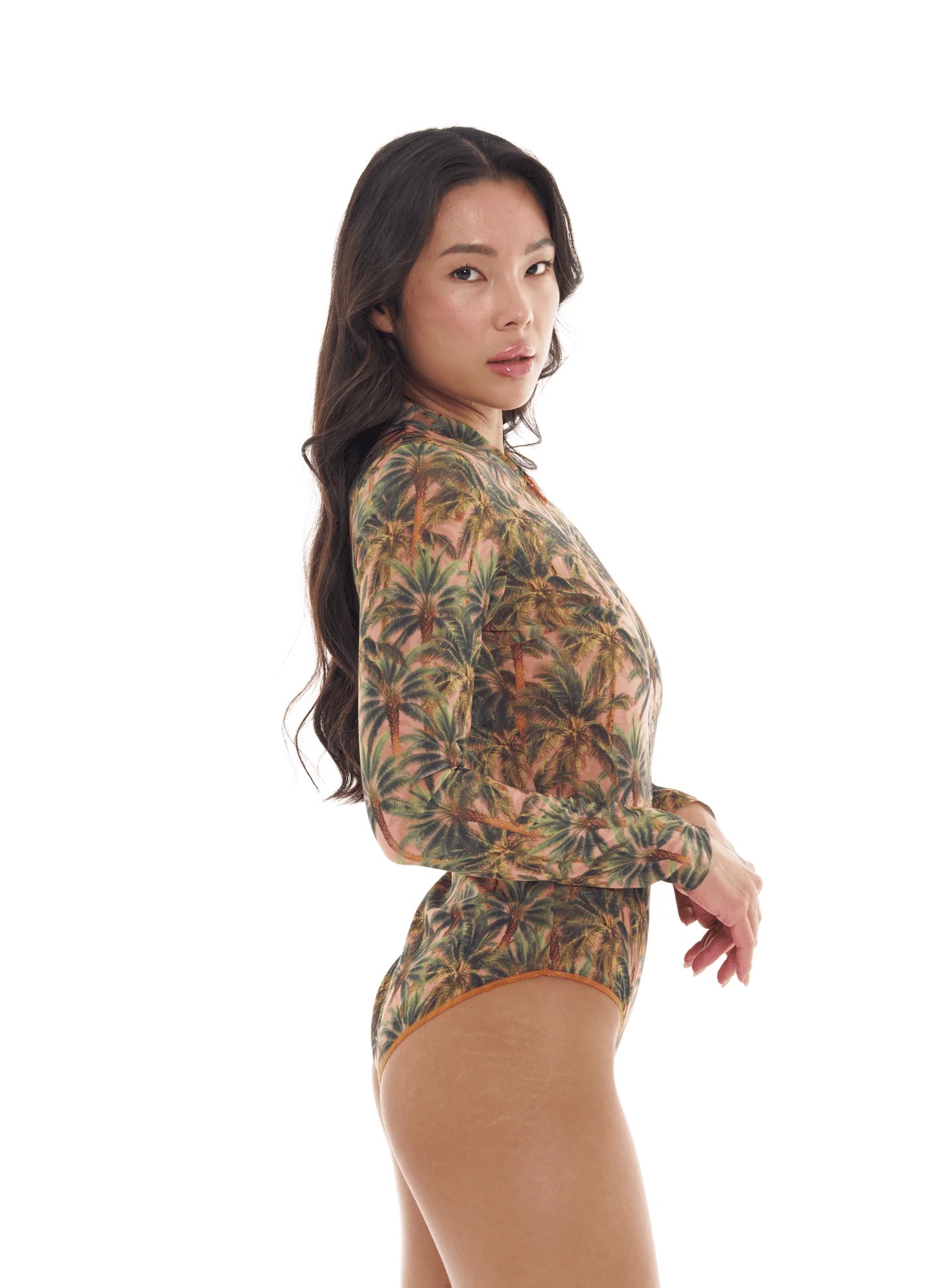 TAN THROUGH SWIMSUIT ONE-PIECE WITH ZIPPER SLEEVES