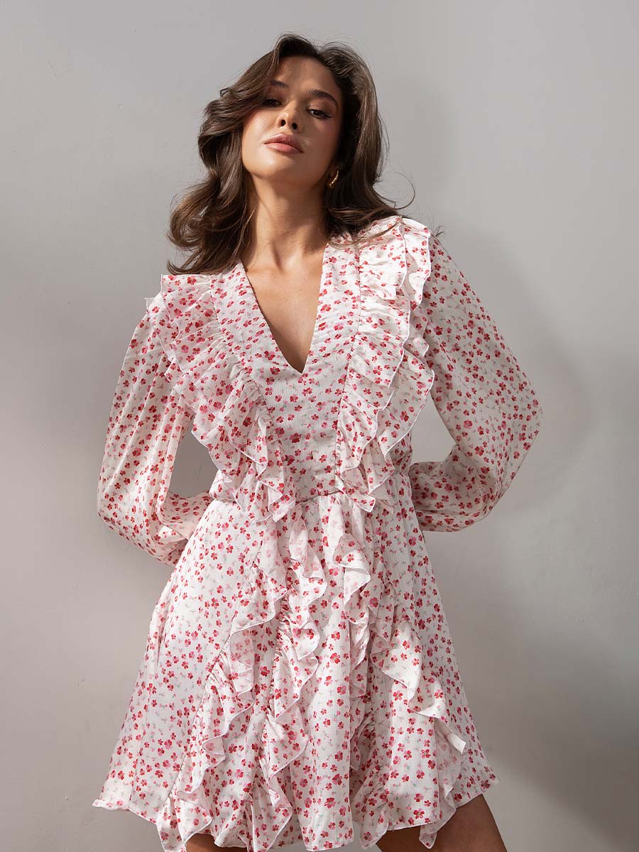 Mini Dress with Frills and a V-Neck