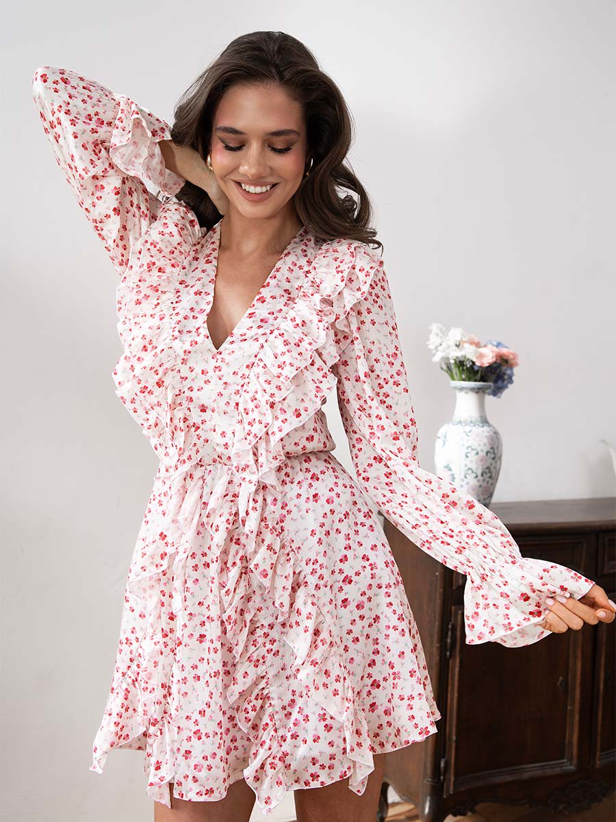 Mini Dress with Frills and a V-Neck