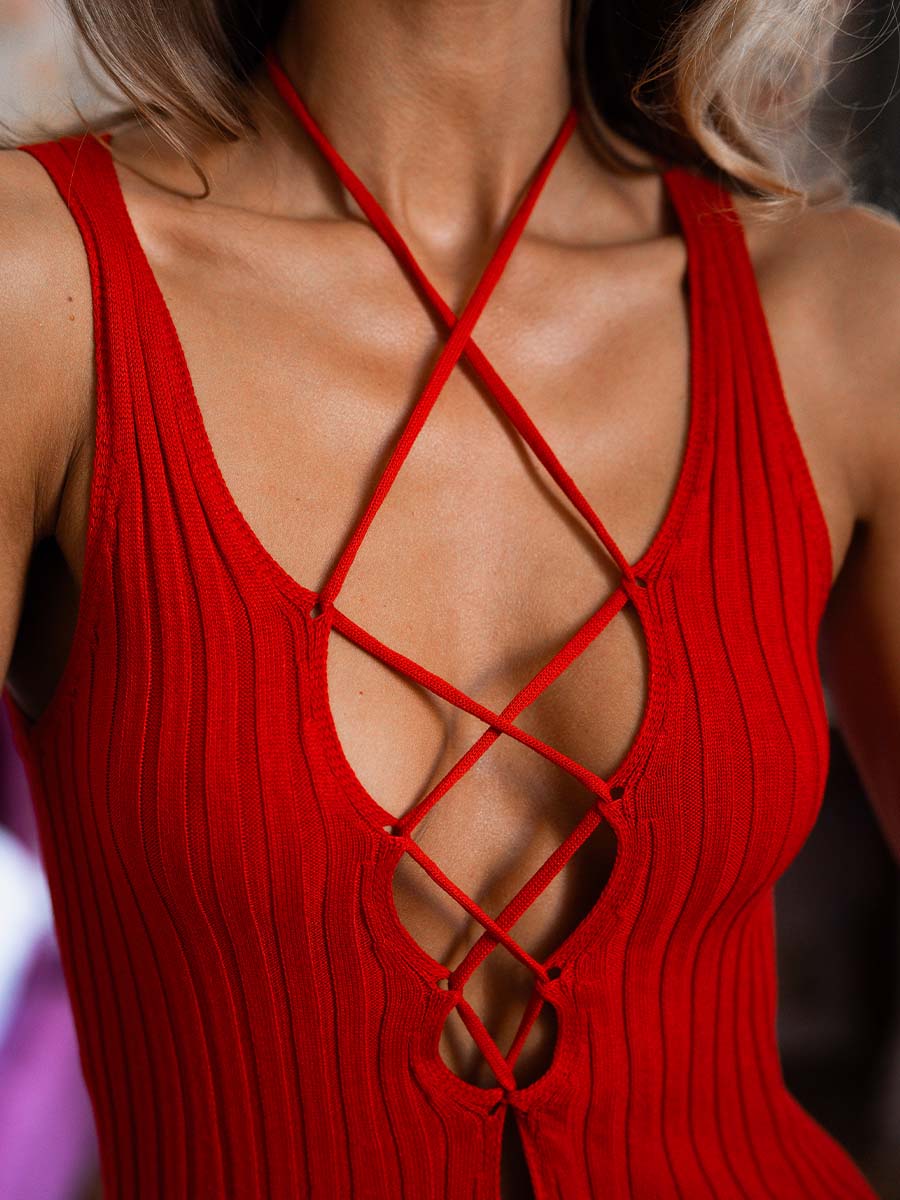 Midi Dress with Lacing RED