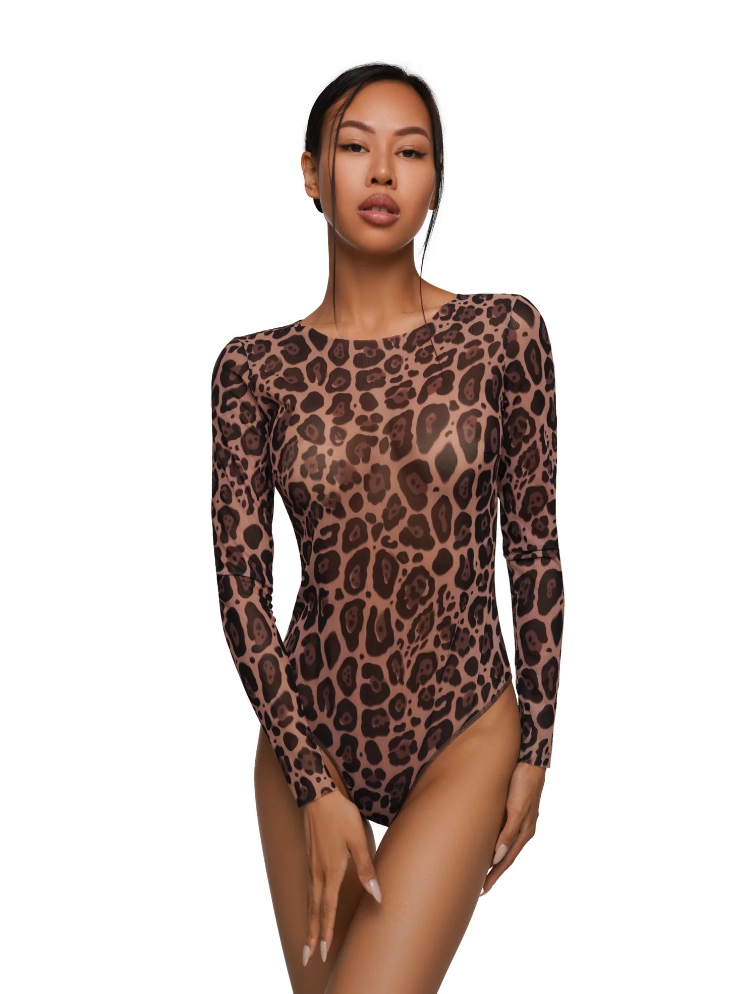 TAN THROUGH SWIMSUIT ONE-PIECE WITH SLEEVES