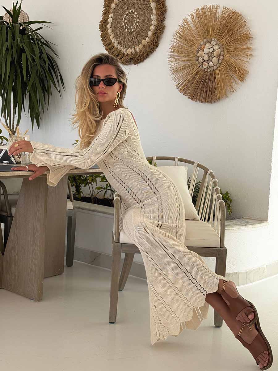 Knitted Crochet Maxi Dress with a Cutout on the Back