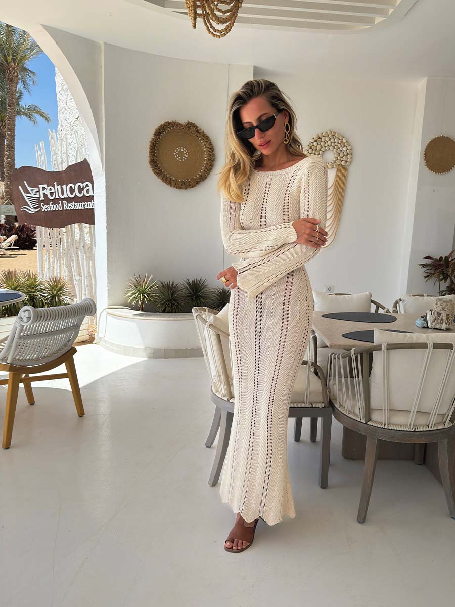Knitted Crochet Maxi Dress with a Cutout on the Back