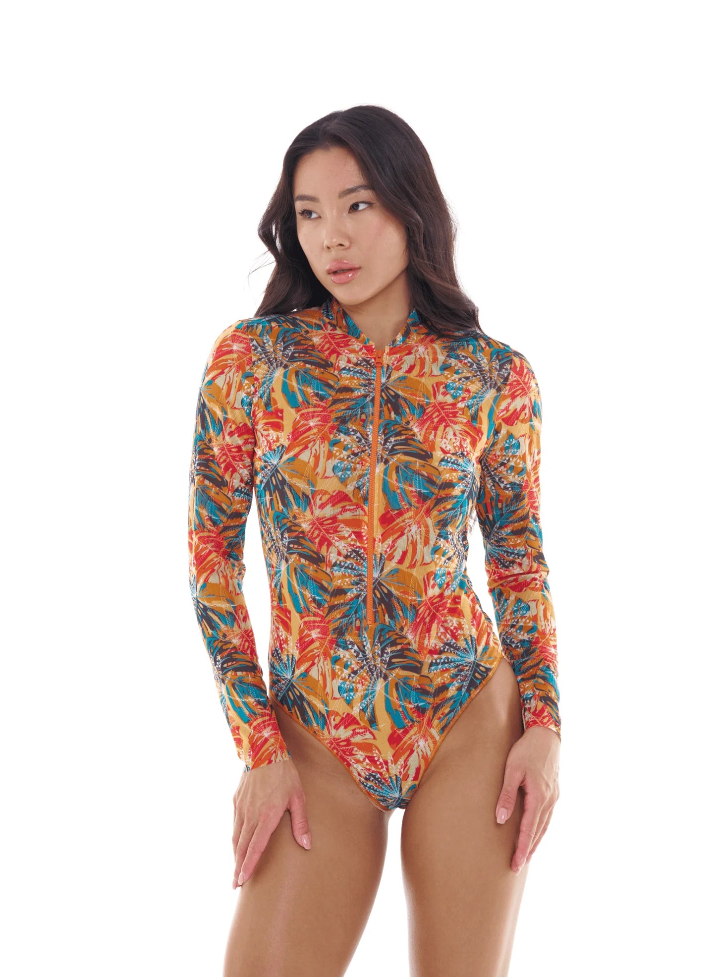 TAN THROUGH SWIMSUIT ONE-PIECE WITH ZIPPER SLEEVES