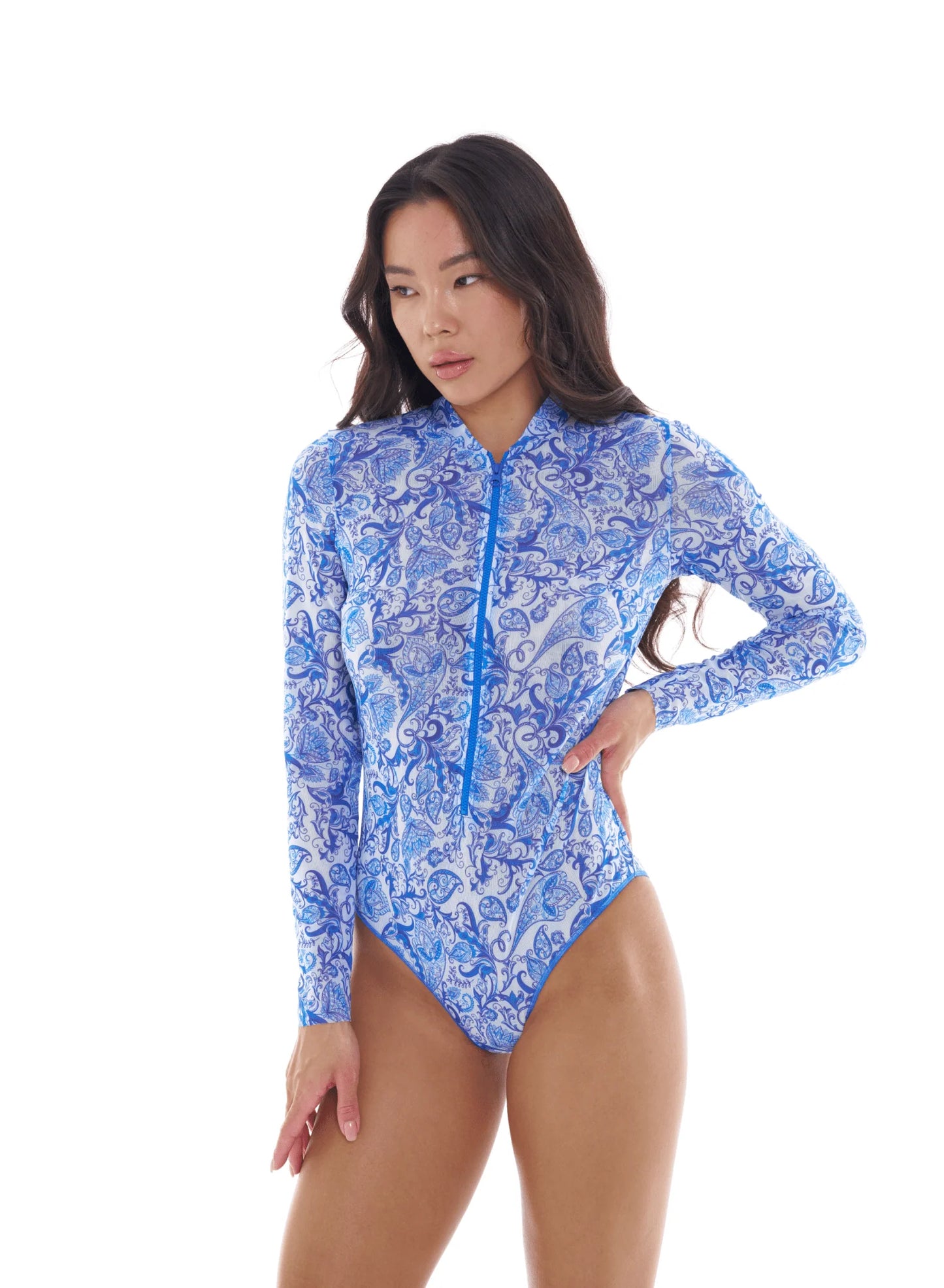 TAN THROUGH SWIMSUIT ONE-PIECE WITH ZIPPER SLEEVES